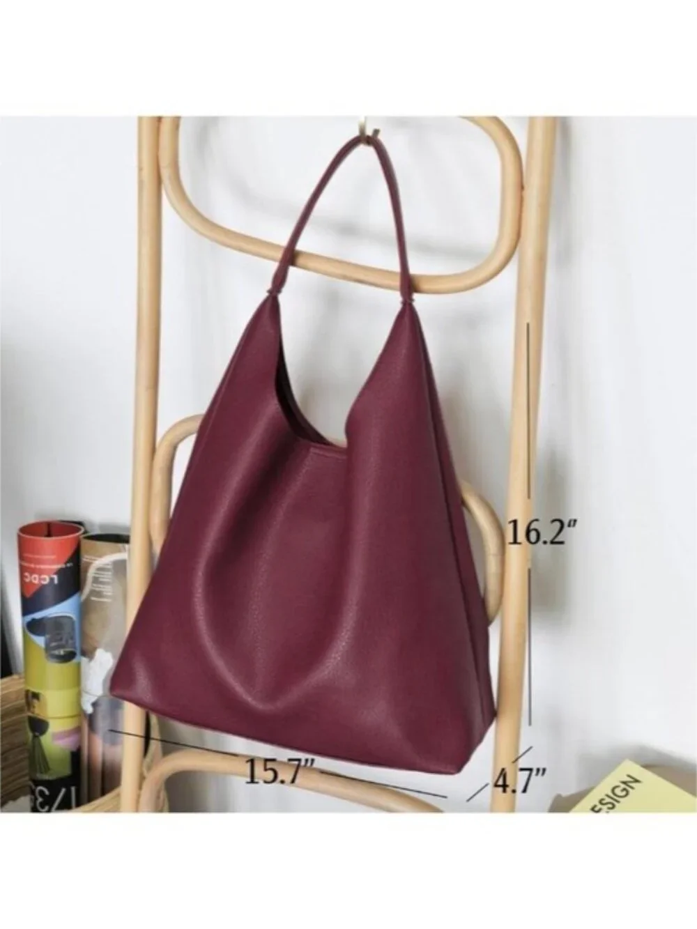 Women's Dark Red Vegan Leather Hobo Bag Slouchy Shoulder Tote Handbag 18